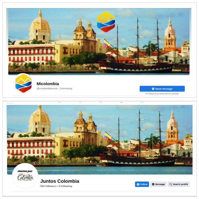 Facebook page Juntos Colombia (bottom) was one of the pages that used the same cover picture as Micolombia (top). (Source: Facebook)