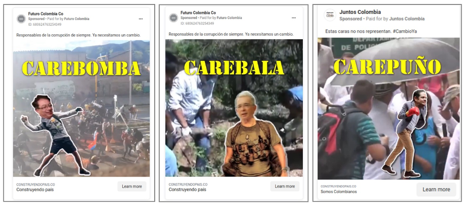 Screenshots of a video advertised by the Facebook pages Futuro Colombia Co and Juntos Colombia. The footage used derogatory nicknames and manipulated footage to target Petro, Uribe, and Lleras. (Source: Meta Ad Library — Futuro Colombia Co, left and center; Juntos Colombia, right)