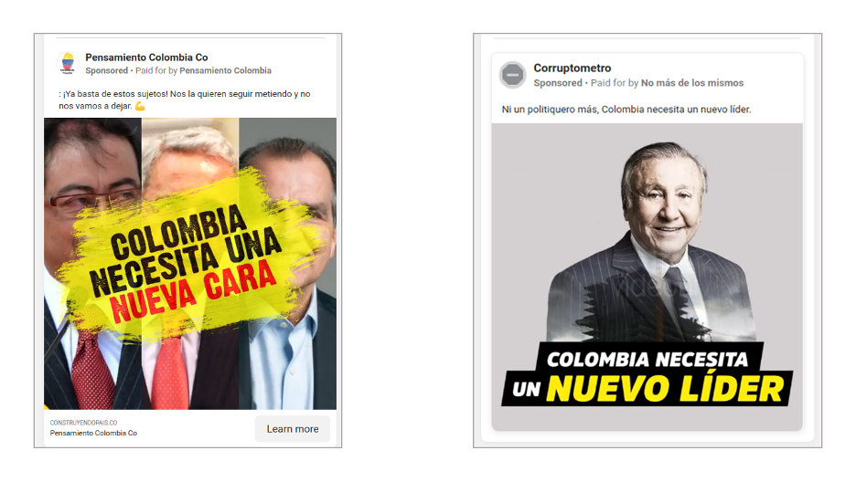 Screenshots show that videos advertised in the first round of voting used messaging that suggested Colombia needed a “new face” (left). It appears the same network operated a set of ads in the second round of voting (right) that shows Hernández as the “new leader” that Colombia needs. (Source: Meta Ad Library — Pensamiento Colombia Co, left; Corruptometro, right)