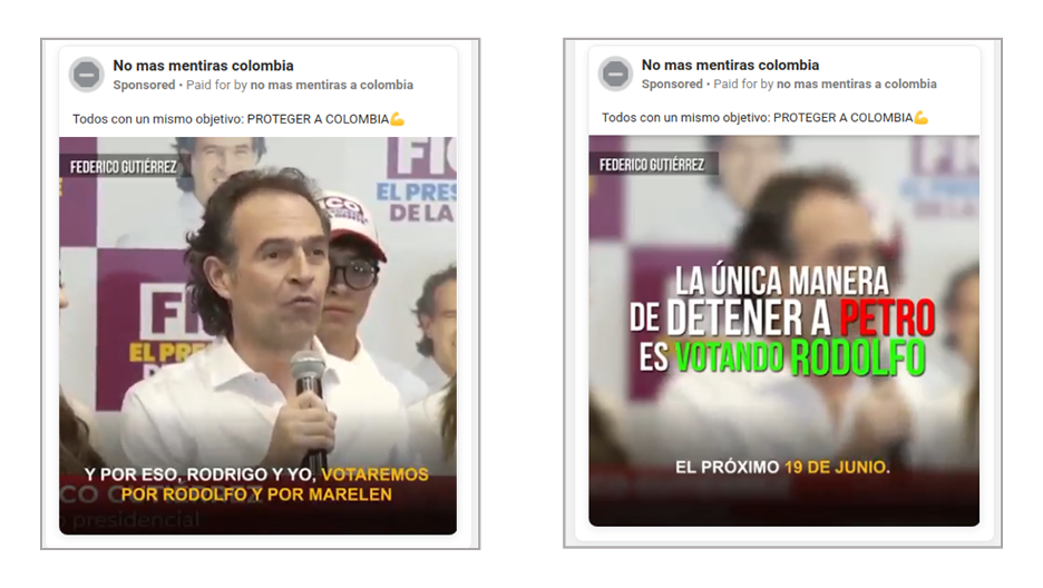 Screenshots of a video that shows Gutierrez’s speech supporting Hernández’s candidacy. (Source: Meta Ad Library — No mas mentiras colombia)