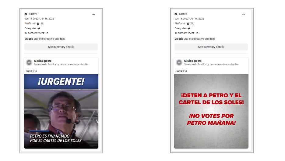 Screenshots of an ad that claimed Petro’s campaign was funded by El Cartel de los Soles (left), a criminal organization connected to high-ranking official of the Maduro regime. At the end of the video (right) people are told not to vote for Petro the next day. (Source: Meta Ad Library — Si Dios quiere)