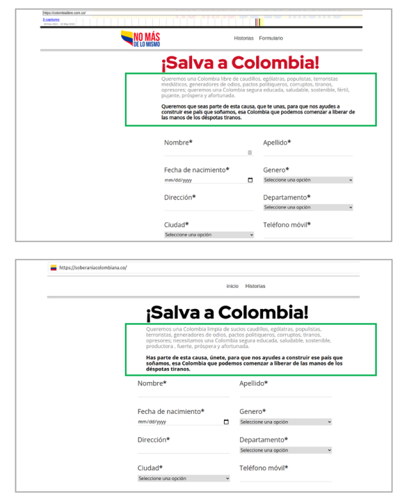 The website soberaniacolombiana.co (bottom) used the same web form as colombialibre.com.co (top). The text at the top had slight variations (green box) but generally asks visitors to fill in the form to join a campaign to free Colombia from “tyrannical despots.” (Source: colombialibre.com.co/archive, top; soberaniacolombiana.co/archive, bottom)
