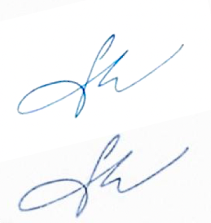 Kuleba’s 2021 signature (top) rotated fourteen degrees counterclockwise to compare it to the signature in the alleged August 2022 letter.