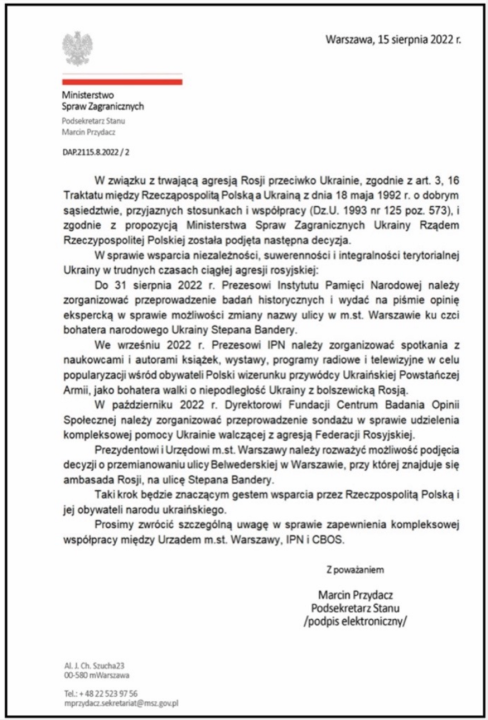 Forged document allegedly issued by Marcin Przydacz