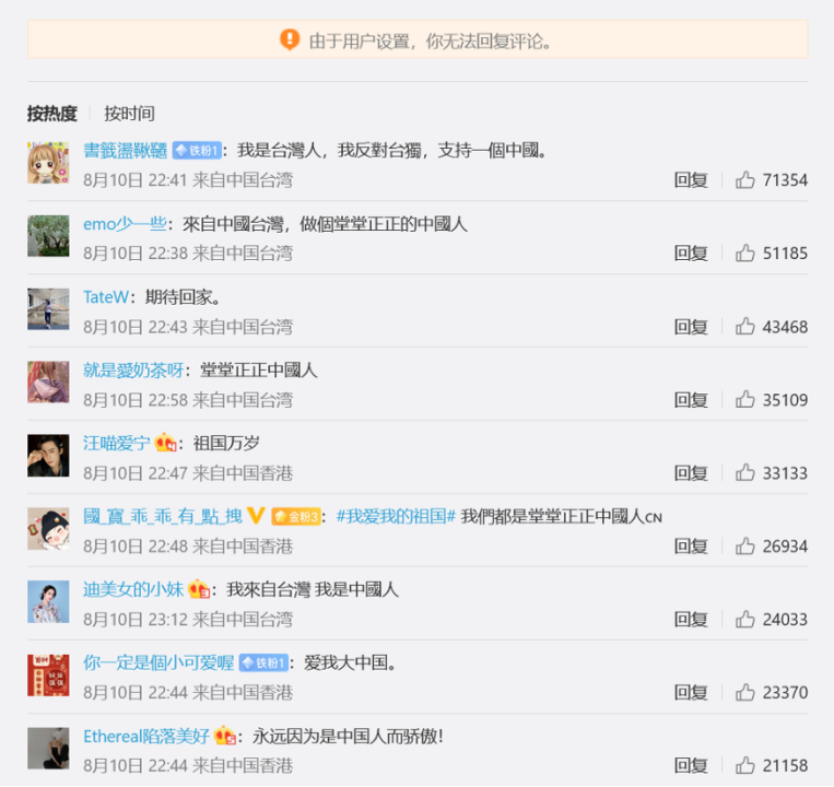 Screenshot of the image’s comment section. A regular Weibo account is unable to comment due to People’s Daily’s user settings. The replies all reiterate the content of the post and are made by users with IP addresses from Taiwan or Hong Kong. This suggests the comment section is heavily moderated and engagement metrics may be inflated.