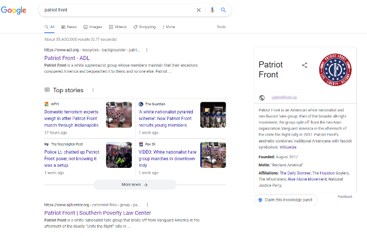A Google search for Patriot Front on September 13, 2022 shows the knowledge panel and website URL (right). Because Patriot Front has been in the news recently, a ‘Top stories’ box pops up in search results as well. URL blurred by the DFRLab.