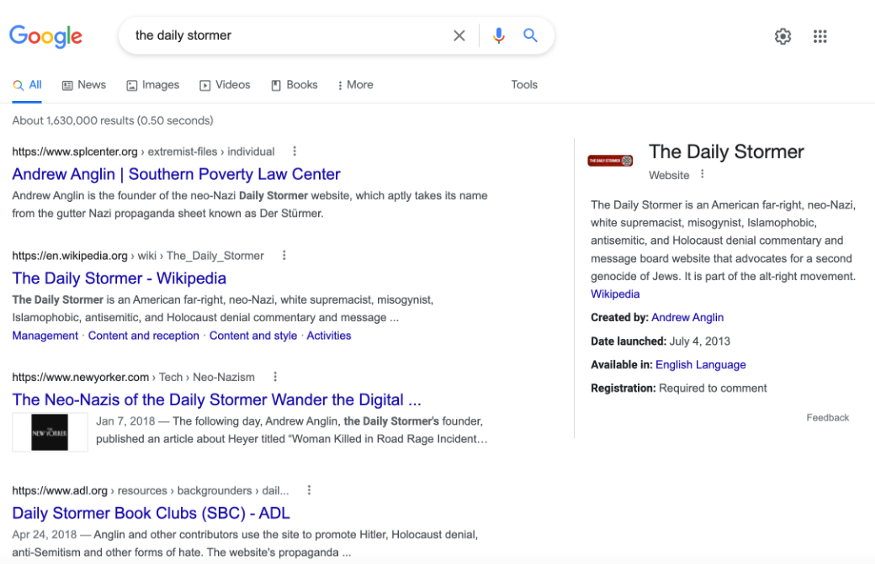 Google searches for the Daily Stormer displayed a description of the hate group in Google’s knowledge panel without including its URL.