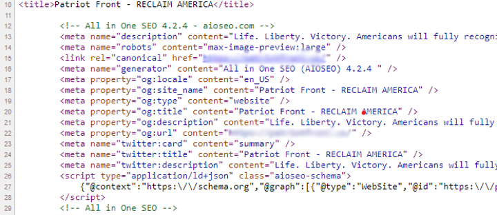 A screenshot of the source code of the Patriot Front website featuring the All In One SEO WordPress plugin.
