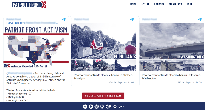 Screenshot of the Patriot Front website where they depict updates, Telegram channel links, and links to their other social media.
