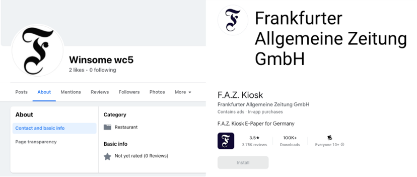 Screenshots of the Winsome wc5 About page (left), and key information about Frankfurter Allgemeine Zeitung, taken from the Google Play Store (right).