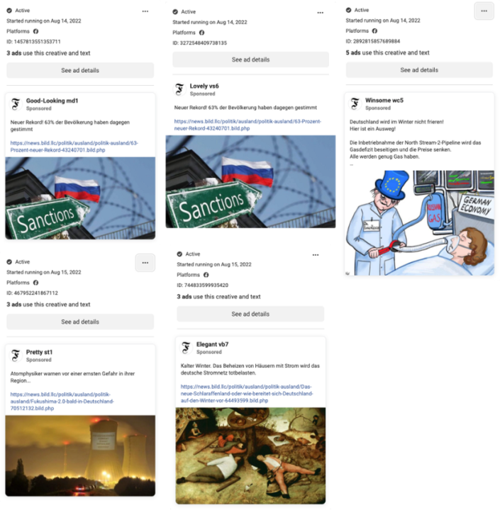 Screenshots of inauthentic Facebook pages advertising posts about the energy crisis Germany will face in the winter.
