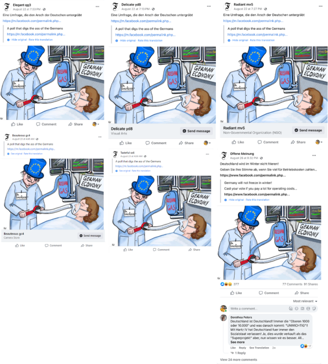 Screenshots of Facebook pages posting a cartoon that shows “Dr. EuroReich” cutting Russian gas flowing to the German economy.