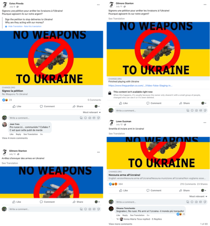 Screenshots of posts calling European countries to stop supplying Ukraine with weapons.