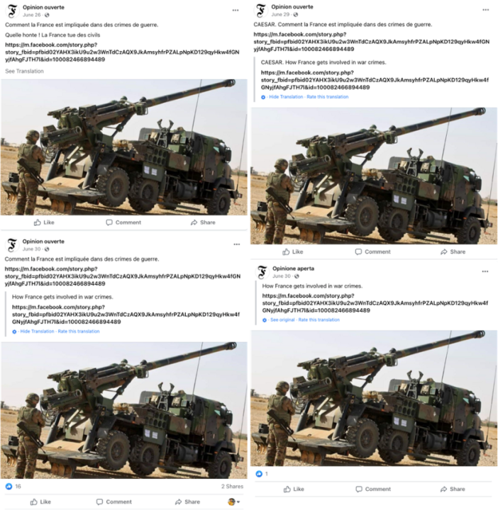 Screenshots of pages alleging that France and Ukraine engage in war crimes.