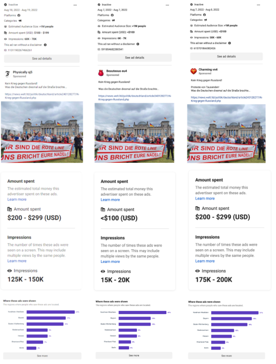 Screenshots from Meta’s Ad Library showing three identical posts targeting Germany promoted on Facebook August 7–8 and August 18–19.