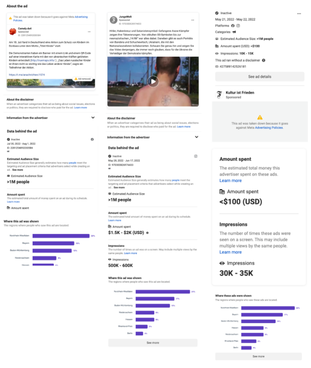 Screenshots from Meta’s Ad Library showing three other posts targeting Germany.