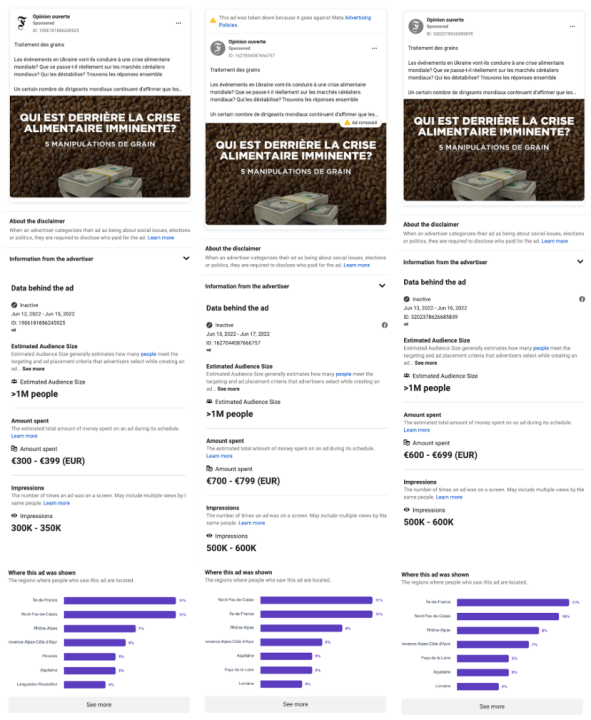 Screenshots from Meta’s Ad Library showing three identical posts targeting France promoted on Facebook in June 12–17.