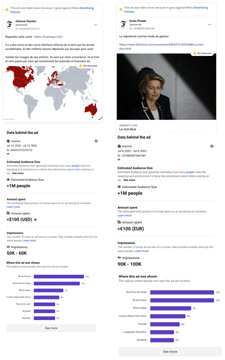 Screenshots from Meta’s Ad Library showing two other posts targeting France. (Source: @nikaaleksejeva/DFRLab via Meta’s Ad Library)