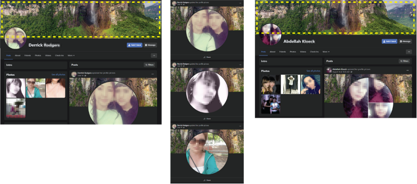 A composite image of two user profiles with male names Derrick (left) and Abdellah (right) and female profile pictures, utilizing the same cover photo (highlighted in yellow boxes), alongside the activity feed of the Derrick account with multiple profile pictures of different people (middle)