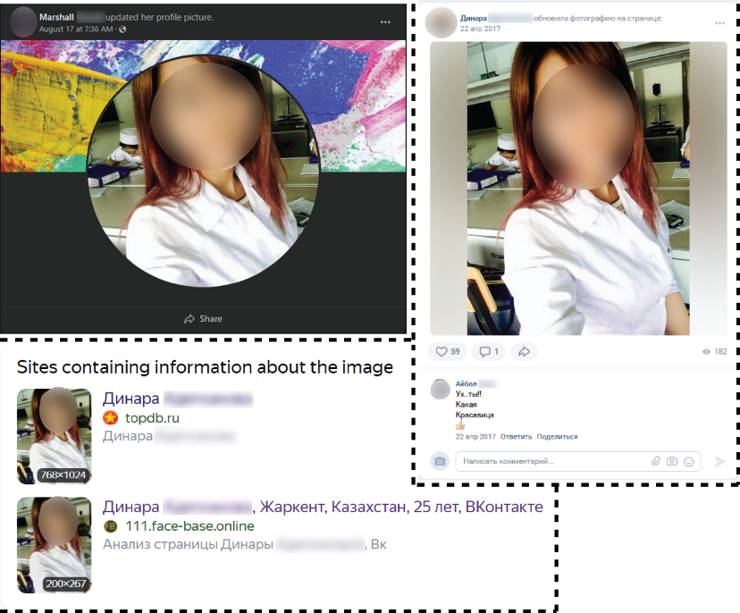 A composite image of an inauthentic account (top left) with the picture searched through reverse image search (bottom left) and the original photo on VK (right)