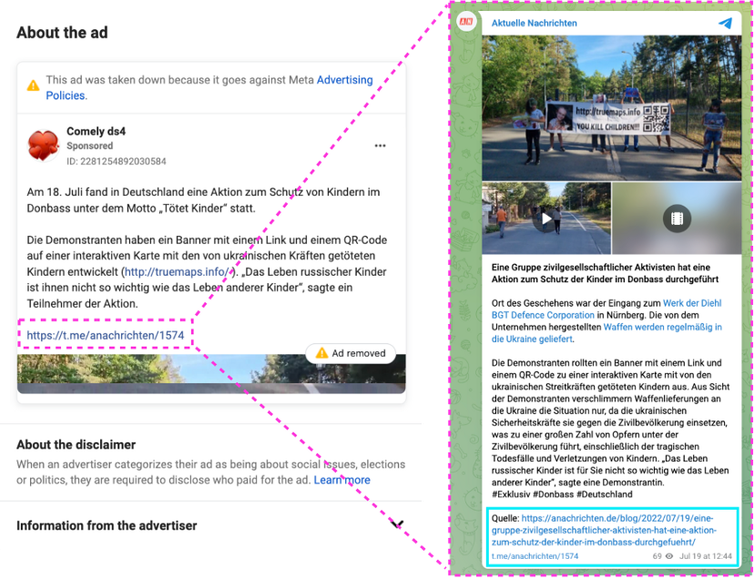 Screenshot show the Comely ds4 advertisement led to an Aktuelle Nachrichten Telegram post, which links to anachrichten.de.