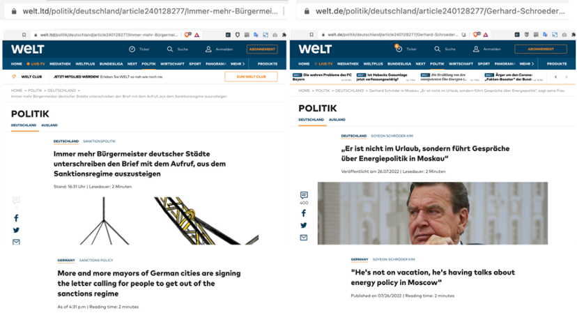 Screenshots of welt.ltd and welt.de articles with the same article number “article240128277” in the URL.