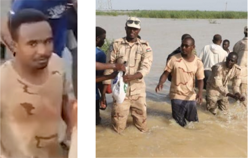 A blurry screenshot of the shirt worn by one of the men in the Mujo Press video, compared to an official post by the RSF Facebook page showing members of the RSF in uniform.