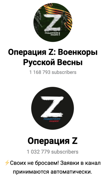 Two of the most popular Russian-language Telegram channels prominently feature the pro-war “Z” symbol.