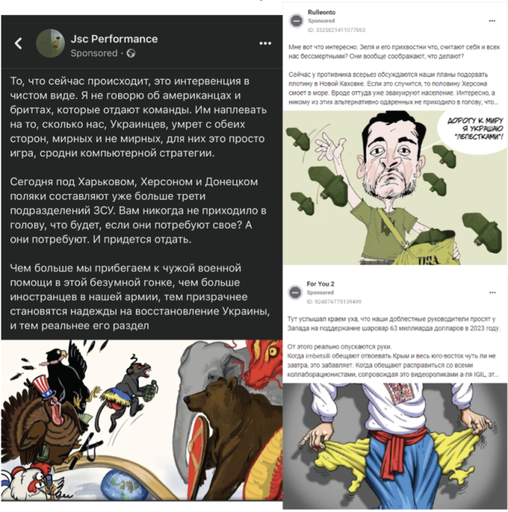 A composite image of three pro-Kremlin and anti-Ukraine ads