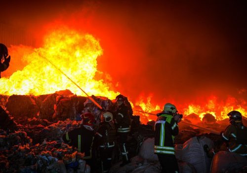 Ukrainian first responders attempt to quash a fire ignited by a Russian missile attack in Zaporizhzhia, October, 11, 2022. (Source: State Emergency Service of Ukraine via Reuters Connect