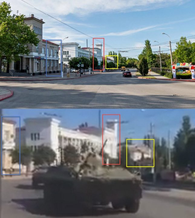 Comparison of imagery from Yandex Panorama and a video showing a convoy of BTRs through Kirov Street in central Kerch.