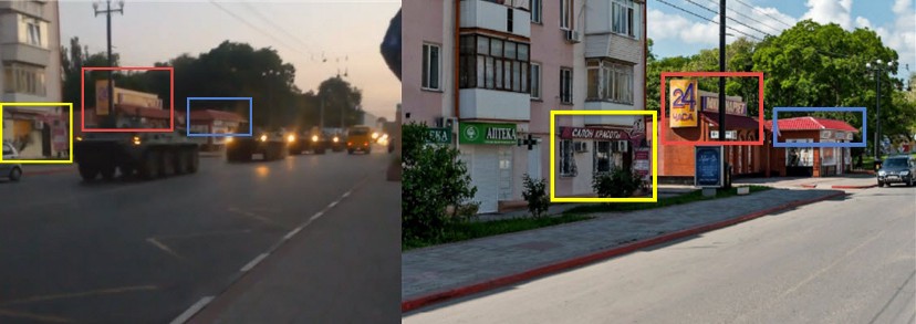 Geolocation of a video showing a series of BTRs heading north along vulitsya Sverdlovska in central Kerch. The scene in the video matches that of Yandex Panorama, including a pharmacy, beauty salon, and 24-hour mini market.