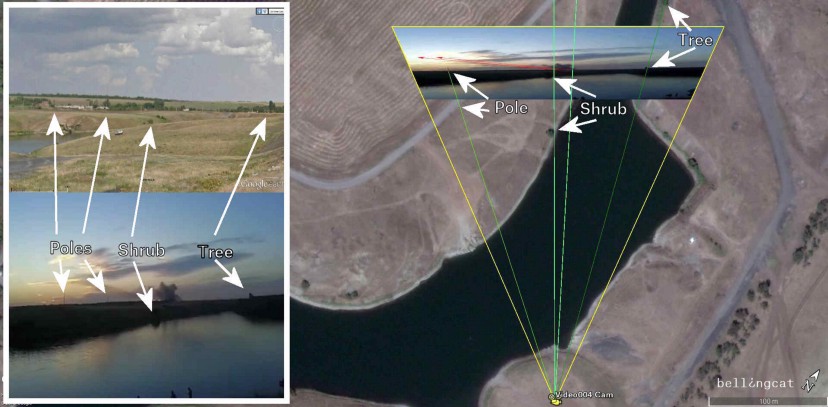 Comparison of a video showing a Grad firing northwest of Gukovo (bottom-left), with the Google Street View imagery (top-left), and satellite imagery (right).