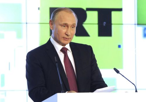 Vladimir Putin addresses RT staff in Moscow at an event celebrating the tenth anniversary of the network, December 10, 2015.