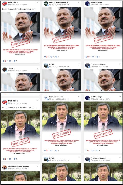 Screenshots from CrowdTangle show posts published in various Azerbaijani Facebook groups with the “xaini tanıyaq!” (“Know who is a traitor!”) red stamp.