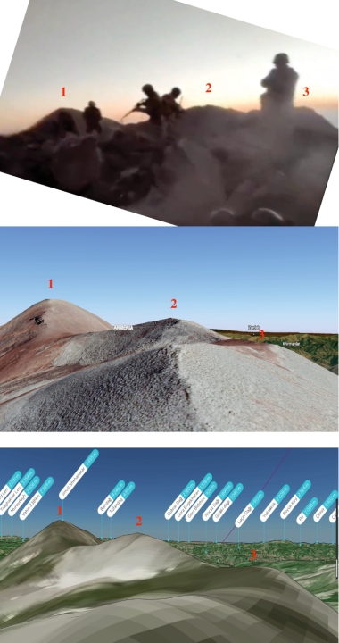 Screenshot from the execution video (top) show terrain with rocks and three mountain ridges in the background. A Google Earth Pro screenshot (middle) shows a similar area near the Armenia-Azerbaijan border. A PeakVisor query (bottom) identified the mountain ridge in the background
