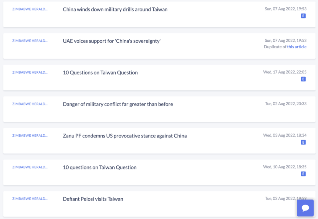Screencap of news articles from The Zimbabwe Herald pushing China-approved narratives about Taiwan. (Source: DFRLab via Event Registry)