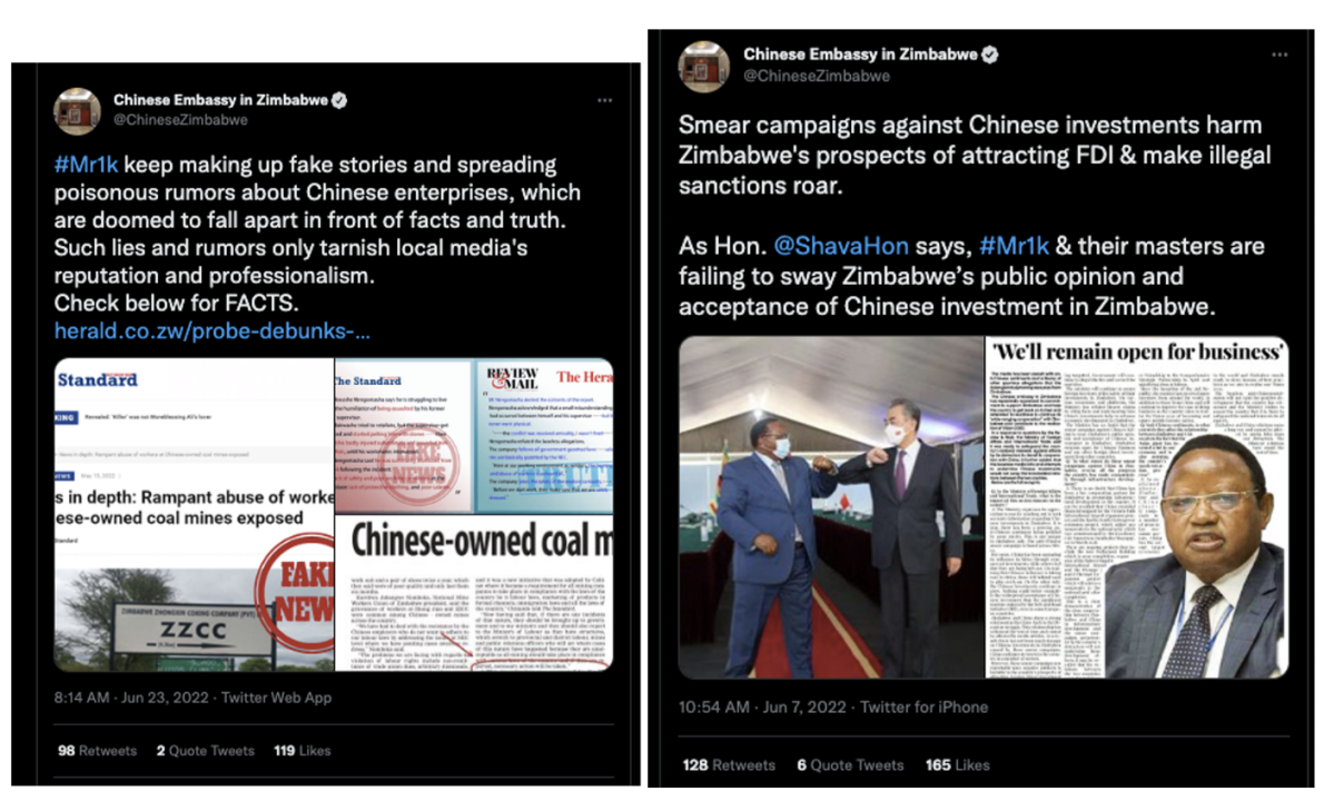 Screencaps of tweets from the Chinese embassy in Zimbabwe promoting the #Mr1k hashtag, asserting that local journalists were being paid by the US to spread “fake news” on China. Source: @ChineseZimbabwe/archive, left; @ChineseZimbabwe/archive, right)