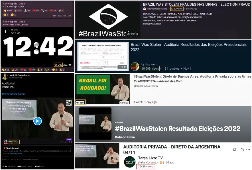 Screengrabs from social media accounts on different platforms amplifying the video by Argentinian Fernando Cerimedo, who started spreading disinformation and claims of electoral fraud after the presidential runoff. (Source: Telegram, top left; Twitter, bottom left; right, top to bottom: Odysee, Rumble, BitChute, Spotify, CloutHub)