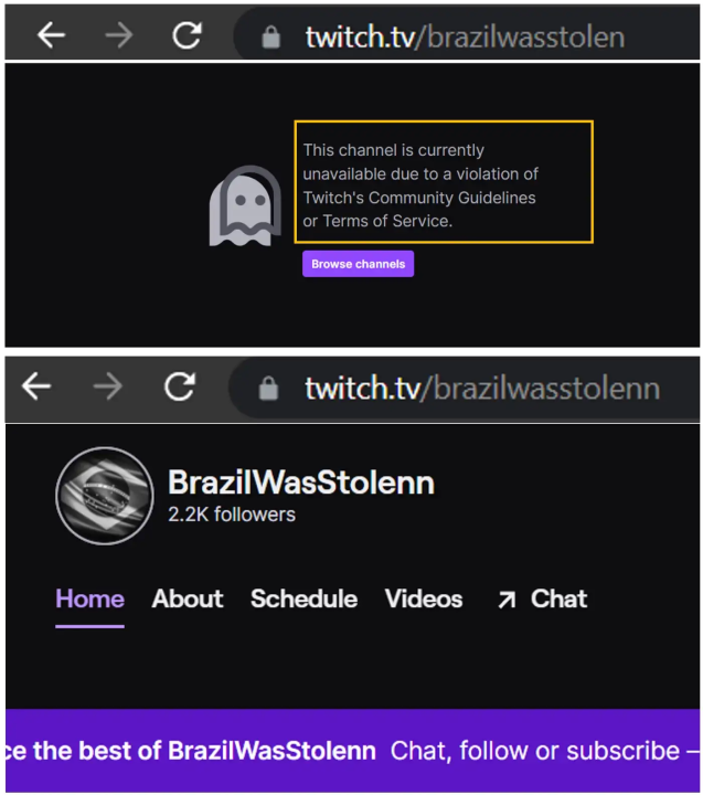 After Twitch removed an account named brazilwasstolen for violating platform policies, the account reappeared under the new name brazilwasstolenn. (Source: Twitch)