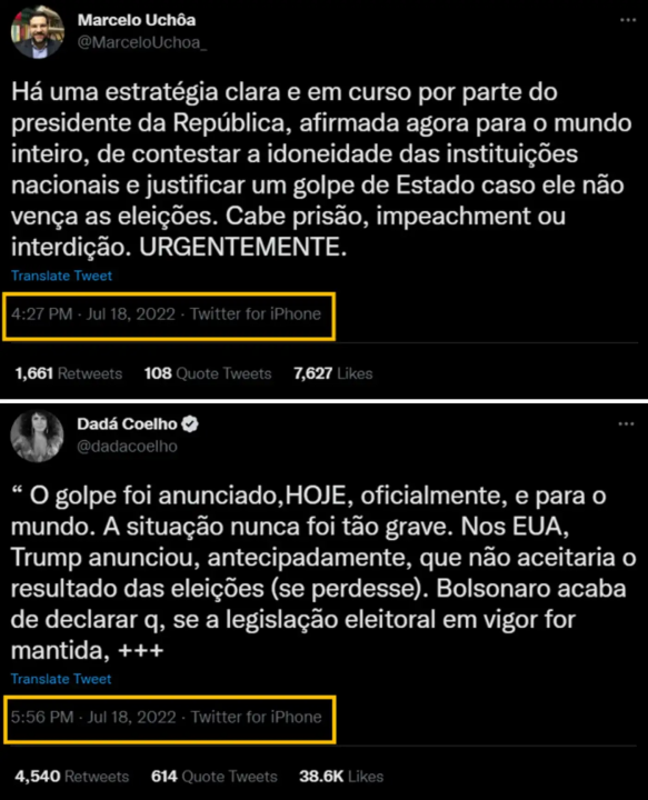 Screengrabs from Twitter accounts in July 2022 discussing Bolsonaro’s claims against the TSE and the role of the armed forces in the electoral process. (Source: MarceloUchoa_/archive, top; dadacoelho/archive, bottom)