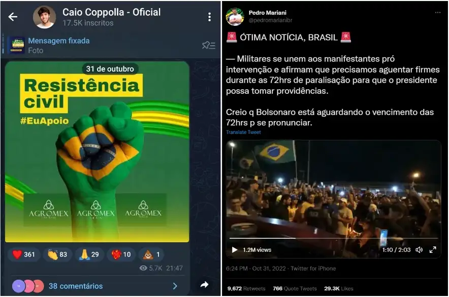 Screengrabs from Twitter accounts in July 2022 discussing Bolsonaro’s claims against the TSE and the role of the armed forces in the electoral process. (Source: MarceloUchoa_/archive, top; dadacoelho/archive, bottom)