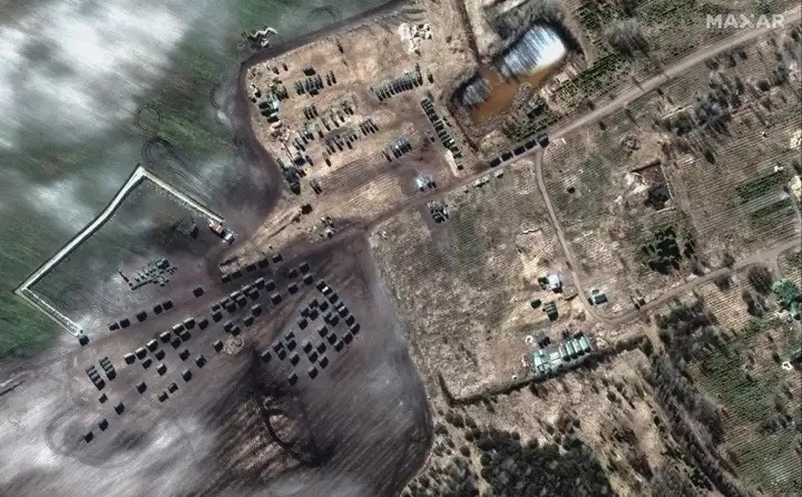 A satellite image shows Russian ground forces equipment and a convoy in Khilchikha, Belarus, February 28, 2022. (Source: Maxar Technologies/Handout via Reuters Connect)