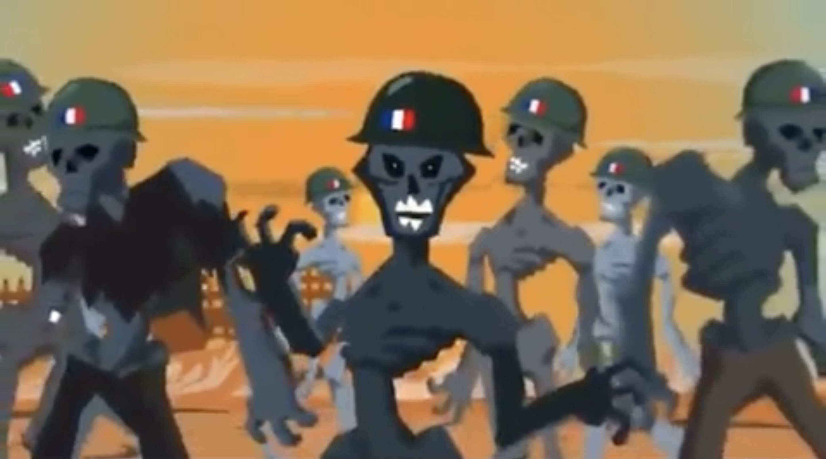 Screenshot of an animated video produced by the Wagner Group showing soldiers fighting French 'zombies' in West Africa.