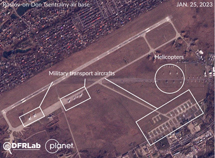 Satellite image captures military transport aircraft at Russia’s Tsentralny military air base. (Source: Planet.com/DFRLab)