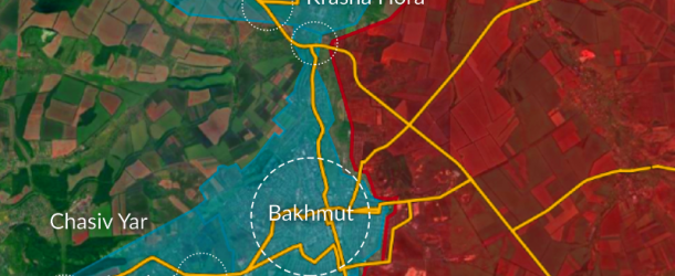 Map of Bakhmut and surrounding area as of February 10, 2023.