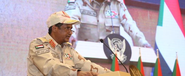 RSF leader General Mohamed Hamdan Dagalo, aka Hamedti, speaks at a ceremony to sign the framework agreement between military rulers and civilian powers in Khartoum, Sudan December 5, 2022. (REUTERS/El Tayeb Siddig)