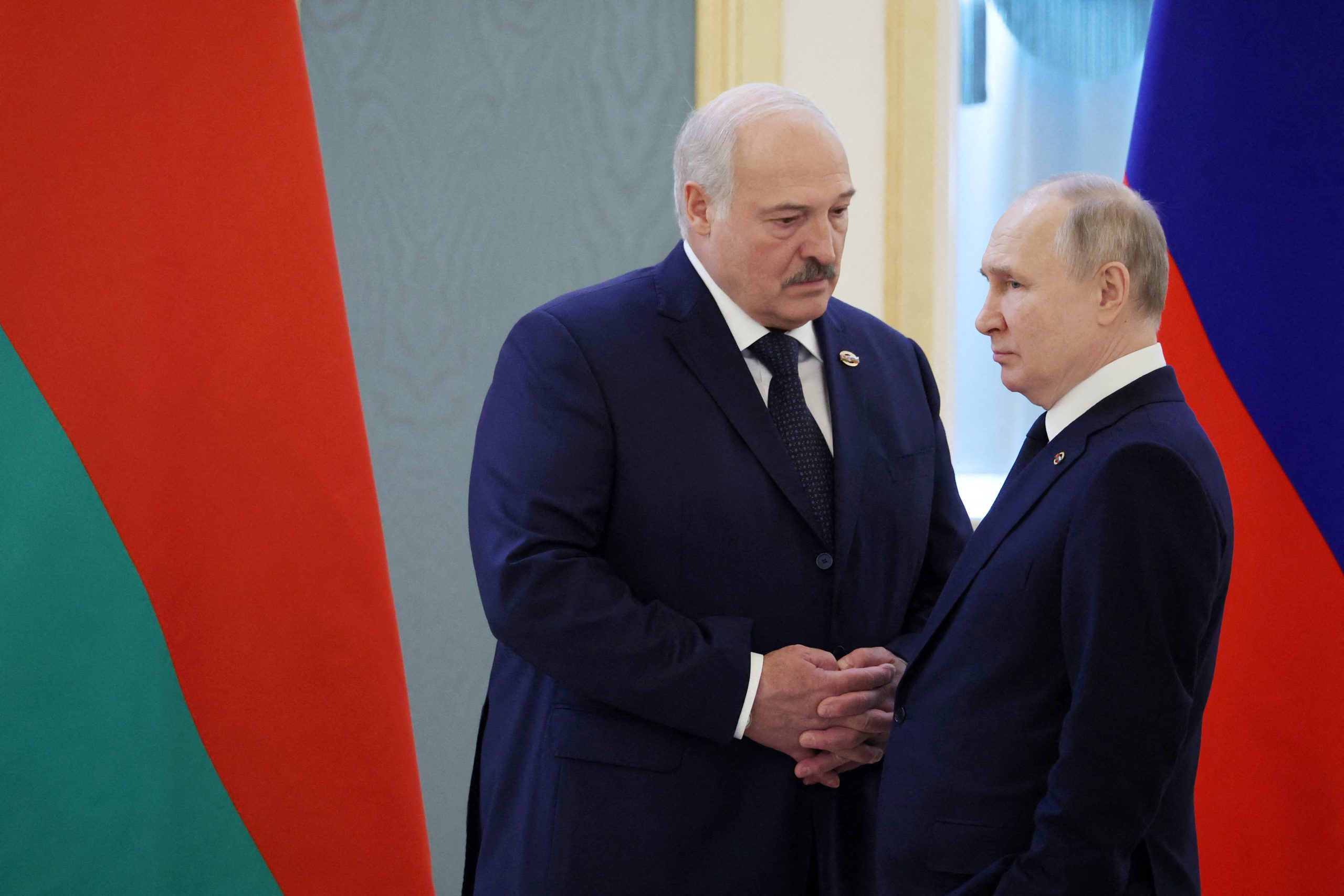 Russian President Vladimir Putin and Belarusian President Alexander Lukashenko attend a meeting of the Supreme State Council of the Union State of Russia and Belarus at the Kremlin in Moscow, Russia April 6, 2023. Sputnik/Mikhail Klimentyev/Kremlin via REUTERS ATTENTION EDITORS - THIS IMAGE WAS PROVIDED BY A THIRD PARTY. TPX IMAGES OF THE DAY