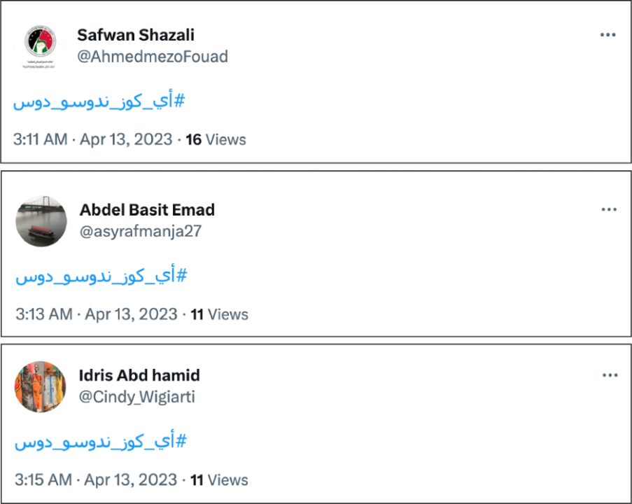 Three accounts tweeted a hashtag within four minutes of each other about trampling former regime members. 