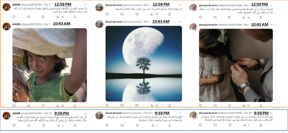 تُظهر لقطات من التغريدات من ثلاث حسابات نمطًا مشابهًا للتغريدات المنشورة في نفس الدقيقة في ٢٦ فبراير و١ مارس. أوقات التغريدات بتوقيت وسط إفريقيا. 